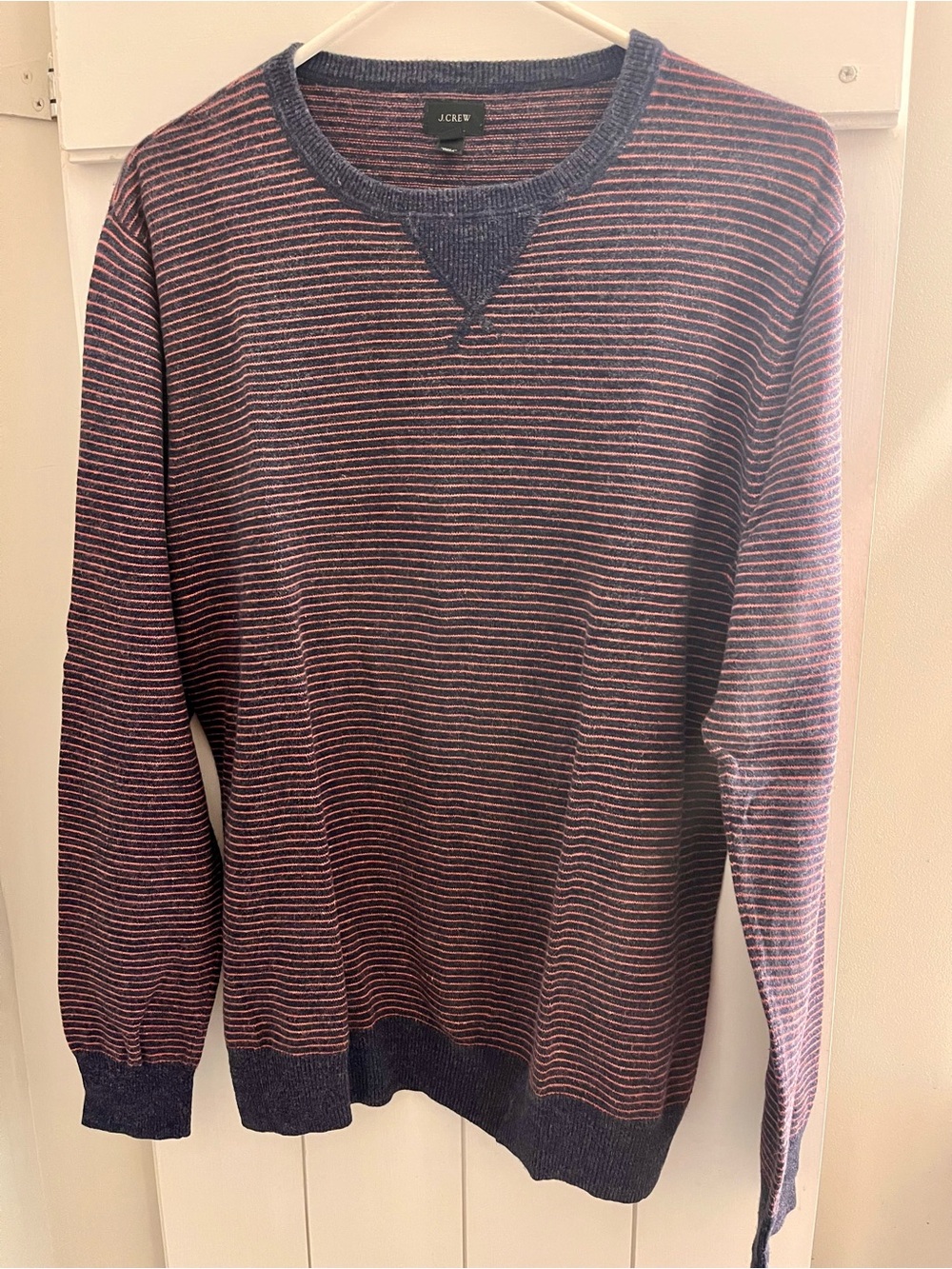 J. Crew Navy and Burgundy Thin-Stripe Crewneck Sweater